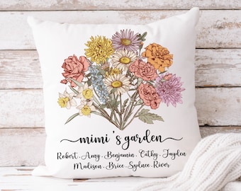 Mimis Garden Pillow Gifts, Personalized Grandma Mimi Pillow, Mimi Gifts from Grandkids, Unique Mother's Day Gifts, Birthflower Gifts for Mom