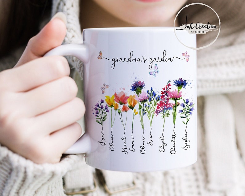 Grandmas Garden Gifts With Grandkids Names, Family Name Watercolor Flowers Personalized Mug, Unique Mother's Day Gift for Grandma, Nana's image 1
