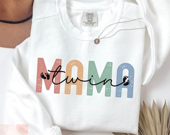 Comfort Colors® Twin Mama Sweatshirt with kids names on sleeve, First Time Twin Mom Sweatshirt, New Twin Mom Gift, Twin Baby Shower Gift