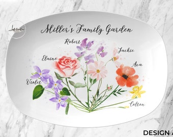 Custom Family Birth Flower Bouquet Plate, Personalized Birth Month Flower Bunch Platter With Family Names, Unique Birthday Gift for Mommy