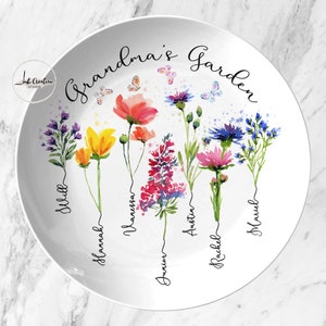 Custom Grandma's Garden Plate With Grandkids Names, Family Name Watercolor Flowers Personalized Platter, Unique Mothers Day Gift for Grandma image 3