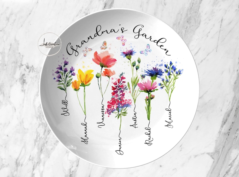 Custom Grandma's Garden Plate With Grandkids Names, Family Name Watercolor Flowers Personalized Platter, Unique Mothers Day Gift for Grandma image 3