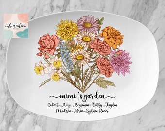 Mimis Garden Plate Gifts, Personalized Grandma Mimi Platter, Mimi Gifts from Grandkids, Unique Mother's Day Gifts, Birthflower Gifts for Mom