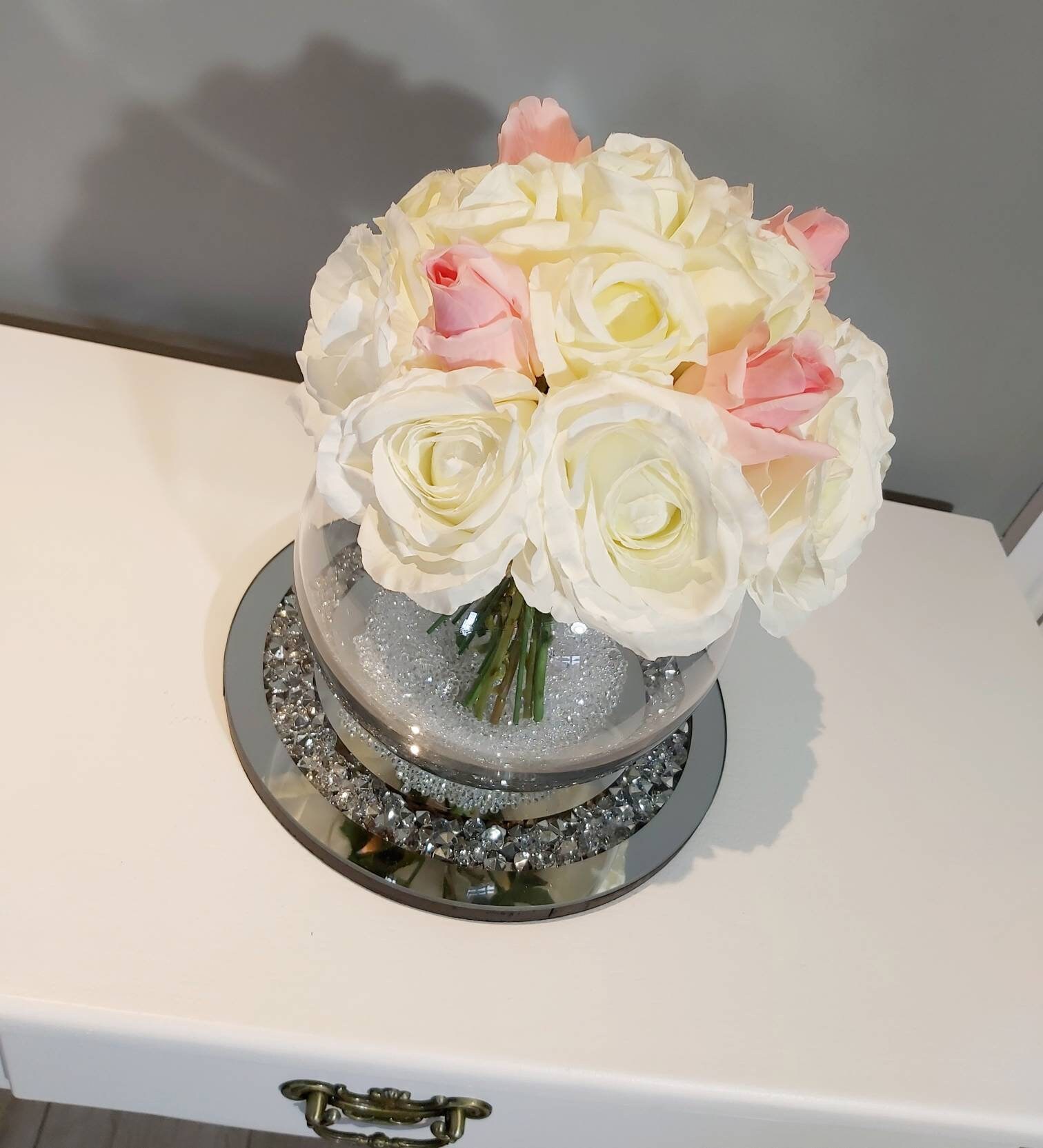 Rose Bowl Arrangement Pink Roses Ivory Silk Rose Bunch With Etsy