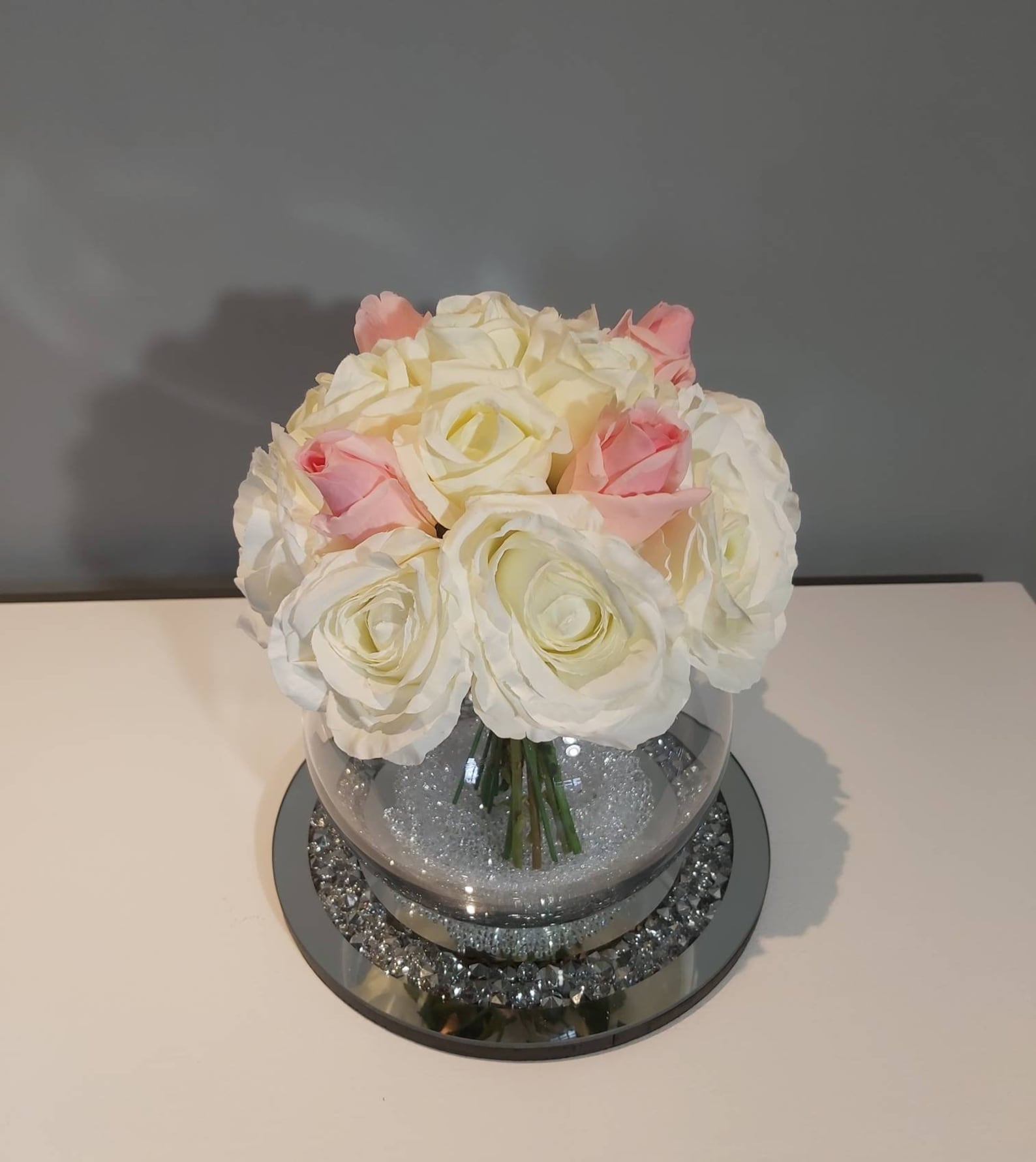 Rose Bowl Arrangement Pink Roses Ivory Silk Rose Bunch With Etsy