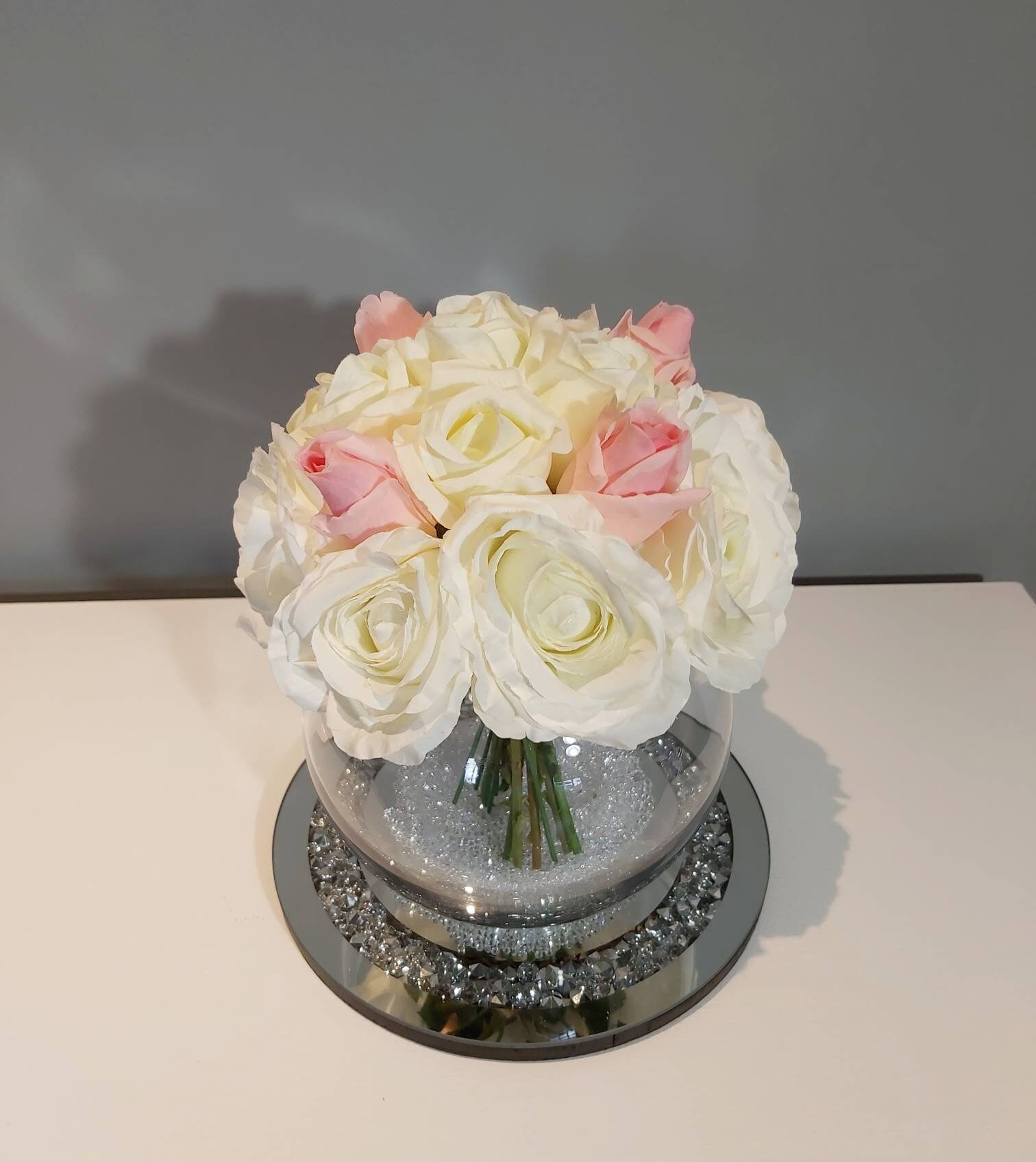 Rose Bowl Arrangement Pink Roses Ivory Silk Rose Bunch With Etsy