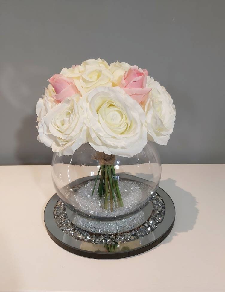 Rose Bowl Arrangement Pink Roses Ivory Silk Rose Bunch With Etsy