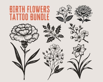 Geburtsmonat Blume Tattoo Design SVG für Frauen, minimalistische Geburtsblume Tattoo Design Kunst PNG, Blumen Tattoo Schablone, digitaler Download