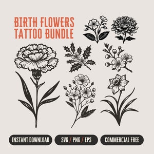 Birth Month Flower Tattoo Design SVG for Women, Minimalistic Birth Flower Tattoo Design Art PNG, Flower Tattoo Stencil, Digital Download
