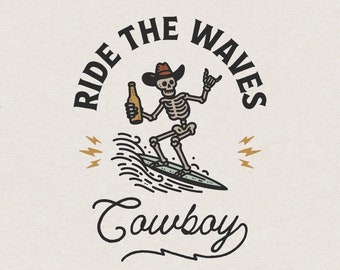Surfing Cowboy Skeleton SVG for Print & Cut, Western Summer Cowboy with Beer Shirt PNG Vintage Country Wall Art Decor, Surfer Cowboy Clipart