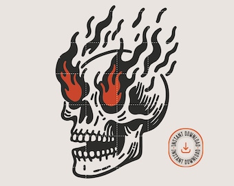 Burning Skull SVG and PNG file for Print & Cut, Retro Vintage Style Skull T-Shirt, Skull With Flame Transparent PNG Clipart Digital Download