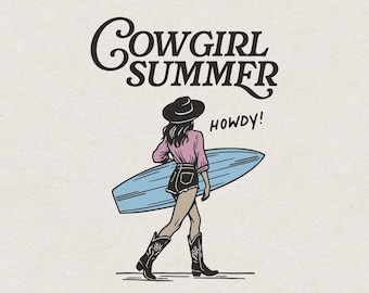 Cowgirl Summer PNG and SVG for Print & Laser Cut, Western Summer Cowgirl Bachelorette Party Shirt Design Clipart, Surfer Cowgirl at Beach