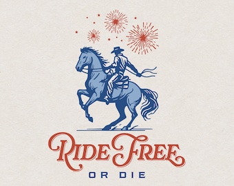4th of July SVG for Print & Cut, Western Cowboy on Rearing Horse Shirt PNG, American Independence Day Clipart, Retro Western Wall Art Decor
