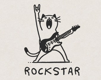 Puede incluir: Ilustración en blanco y negro de un gato tocando una guitarra eléctrica con un gesto de rock and roll. El gato está cantando y el texto "ROCKSTAR" está debajo de la imagen.