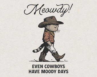 Sad Cat Cowboy SVG for Print & Cut, Western Style Moody Cowboy Cat Tshirt PNG, Vintage Country Wall Art, Kitten Cowboy Walking Sadly Clipart