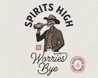 Western Skull Cowboy Drinking Whiskey SVG file for Print & Cut, Retro Style Cowboy with Drink T-Shirt PNG, Vintage Country Spirit Wall Art