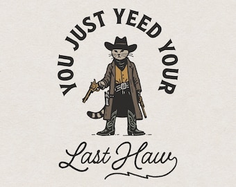 Funny Cat Cowboy SVG file for Print & Laser Cut, Western Cowboy Cat with Gun T-Shirt PNG, Vintage Country Wall Art, Silly Cat Design Clipart