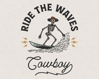 Surfer Cowboy Skeleton SVG for Print & Laser Cut, Western Trendy Summer Cowboy Shirt PNG Retro Wall Art Decor, Surfing Cowboy Clipart Design