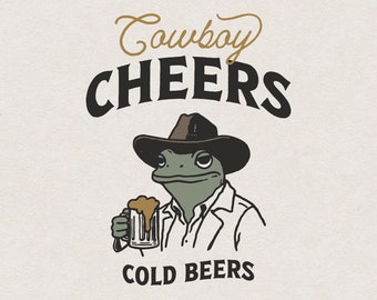 Funny Frog Cowboy with Beer PNG for Print & Cut, Western Drunk Cowboy Frog Drinking Alcohol T-Shirt Design, Country Wall Art, Silly Frog PNG