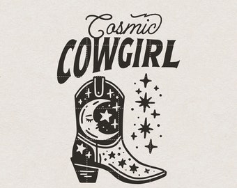 Cosmic Cowgirl Boot SVG file for Print & Cut, Western Cowgirl Celestial Boot Wall Art Print PNG, Retro Trendy Home Decor, Space Magic Boot