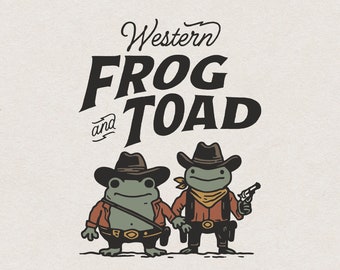 Western Cowboy Frog and Toad SVG file Print & Laser Cut, Vintage Frog and Toad Cowboy with Pistol Shirt PNG, Retro Friendship Wall Art Decor