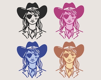 Western Cowgirl SVG for Print and Cut, Vintage Aesthetic Cowgirl with Eye Patch PNG, Country Style Wall Art Design, Cowgirl Bow Clip Art
