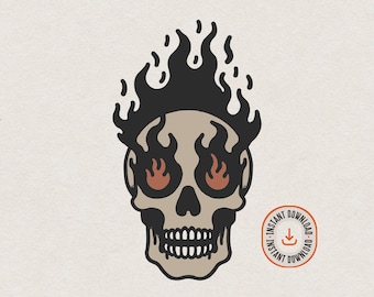 Vintage Burning Skull with Fire SVG and PNG file for Print & Cut, Retro Style Skull Wall Art, Trending Flame Skull Transparent PNG Clipart