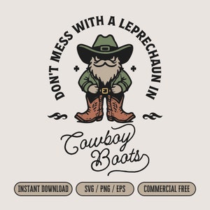 Funny St. Patrick&#39;s Day Leprechaun Cowboy SVG file for Print & Cut, Western Style Leprechaun T-Shirt PNG Clipart, Vintage Country Wall Art