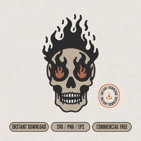 Vintage Burning Skull with Fire SVG and PNG file for Print & Cut, Retro Style Skull Wall Art, Trending Flame Skull Transparent PNG Clipart