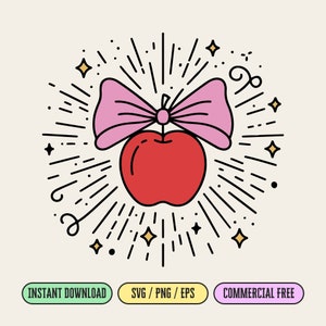 May include: A red apple with a pink bow on top, surrounded by a black and white starburst design. The apple is in the center of the image, and the starburst design is around the apple. There are small gold stars scattered around the starburst design.