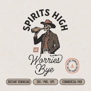 Western Skull Cowboy Drinking Whiskey SVG file for Print & Cut, Retro Style Cowboy with Drink T-Shirt PNG, Vintage Country Spirit Wall Art