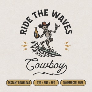 Surfen cowboy skelet SVG om af te drukken en te knippen, western zomer cowboy met biershirt png vintage land muur kunst decor, surfer cowboy clipart