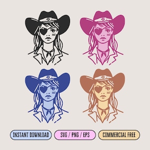 Western Cowgirl SVG for Print and Cut, Vintage Aesthetic Cowgirl with Eye Patch PNG, Country Style Wall Art Design, Cowgirl Bow Clip Art