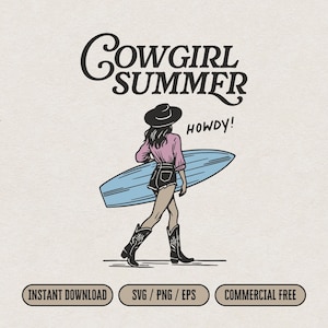 Cowgirl zomer PNG en SVG om af te drukken en lasergesneden, Western Summer Cowgirl Bachelorette Party Shirt Design Clipart, Surfer Cowgirl at Beach