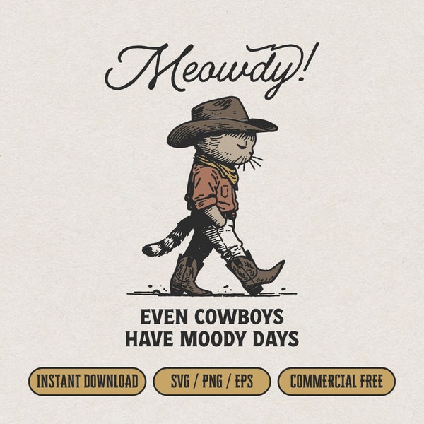 Sad Cat Cowboy SVG for Print & Cut, Western Style Moody Cowboy Cat Tshirt PNG, Vintage Country Wall Art, Kitten Cowboy Walking Sadly Clipart