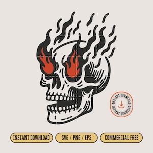 Burning Skull SVG en PNG-bestand voor print & cut, retro vintage stijl schedel T-shirt, schedel met vlam transparante PNG clipart digitale download