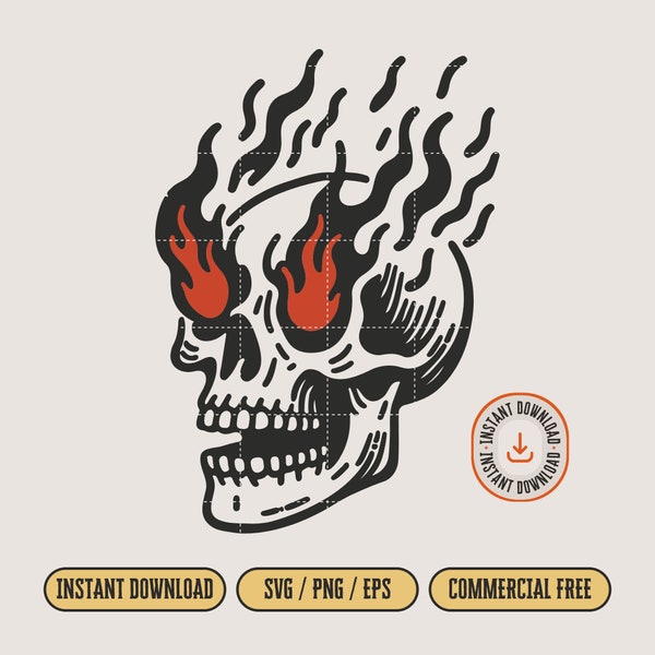 Burning Skull SVG and PNG file for Print & Cut, Retro Vintage Style Skull T-Shirt, Skull With Flame Transparent PNG Clipart Digital Download