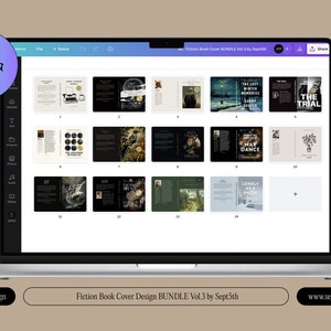 May include: A laptop screen displaying a collection of 15 book cover designs in a grid layout. The covers feature various colors, fonts, and illustrations. The text "Fiction Book Cover Design BUNDLE Vol.3 by Sept5th" is displayed at the bottom of the screen.