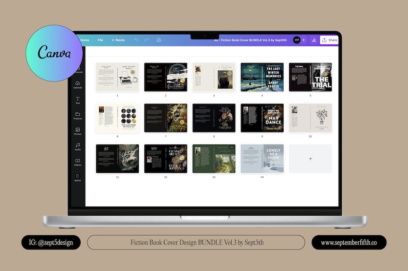 May include: A laptop screen displaying a collection of 15 book cover designs in a grid layout. The covers feature various colors, fonts, and illustrations. The text "Fiction Book Cover Design BUNDLE Vol.3 by Sept5th" is displayed at the bottom of the screen.