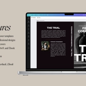 May include: A laptop screen displaying a Canva book cover template for "The Trial" by Fernand Coranenberg. The cover features a black and white illustration of a man with the text "The Trial" in large white letters. The text "Book of the Year" is in a gold circle on the cover.