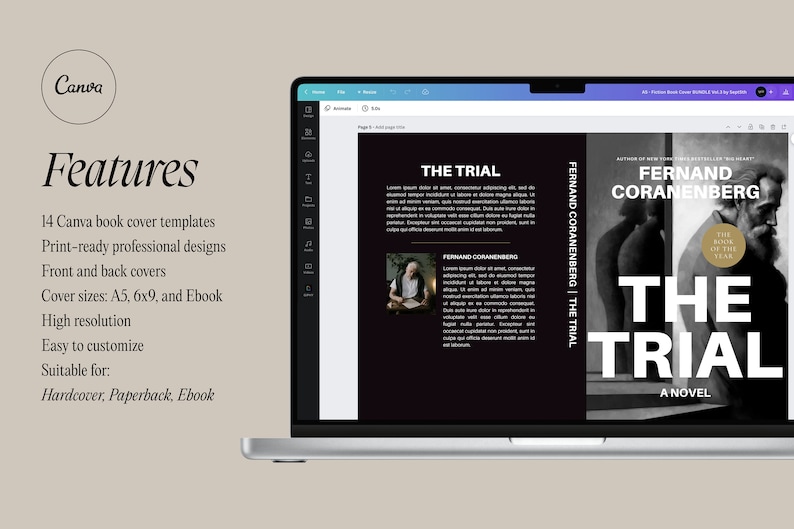 May include: A laptop screen displaying a Canva book cover template for "The Trial" by Fernand Coranenberg. The cover features a black and white illustration of a man with the text "The Trial" in large white letters. The text "Book of the Year" is in a gold circle on the cover.