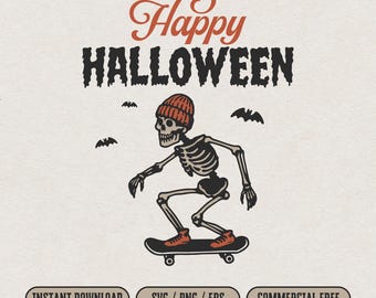 Happy Halloween SVG and PNG for Embroidery & Laser Cut, Retro Style Skateboarding Skeleton with Beanie Shirt Design, Halloween Skeleton Art
