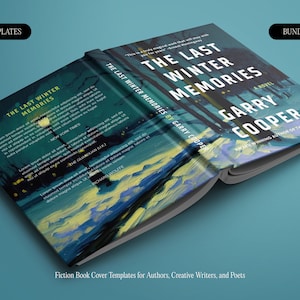 May include: A book cover template for fiction authors. The cover features a blue and green watercolor painting of a snowy forest scene with a streetlight and a quote from the book, "This is a deeply magical world that will stay with you for years." The title of the book is "The Last Winter Memories" by Garry Cooper.