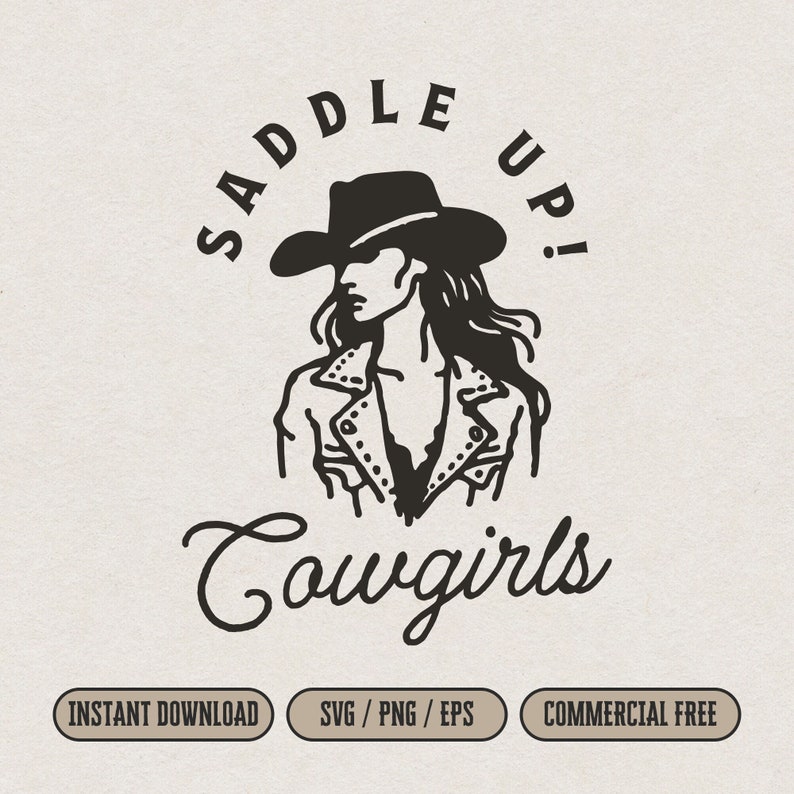 Western Gothic Style Cowgirl says Saddle Up! Cowgirls illustration is on beige paper texture