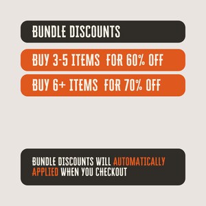 Op de afbeelding: Een afbeelding met zwarte en oranje tekst op een witte achtergrond. De tekst luidt "Bundle Discounts" en geeft kortingen voor het kopen van 3-5 items of 6+ items. De tekst vermeldt ook "Bundle Discounts worden automatisch toegepast bij het afrekenen."