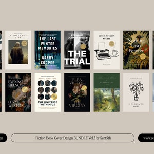 May include: A collection of 12 book covers featuring various genres of fiction, including a solitary life, the last winter memories, the trial, evening silence, the universe within us, the virgins, delicate, lonely as a snow, miles and miles, night we called it may dance, nothing lasts forever, and untold stories.