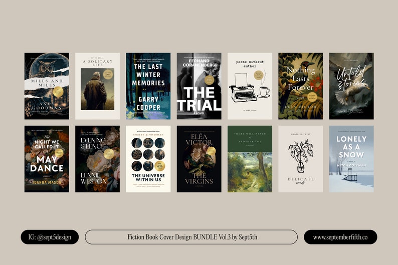 May include: A collection of 12 book covers featuring various genres of fiction, including a solitary life, the last winter memories, the trial, evening silence, the universe within us, the virgins, delicate, lonely as a snow, miles and miles, night we called it may dance, nothing lasts forever, and untold stories.