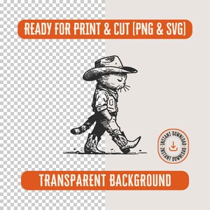 May include: A black and white line drawing of a cat wearing a cowboy hat and boots. The cat is walking with its head down. The image has a transparent background.