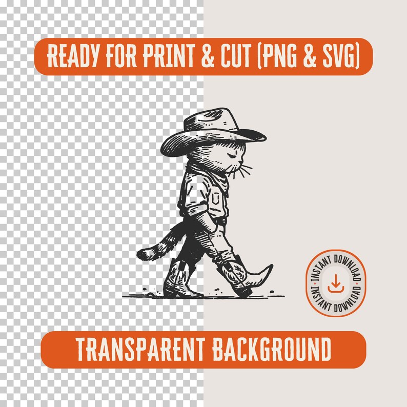 May include: A black and white line drawing of a cat wearing a cowboy hat and boots. The cat is walking with its head down. The image has a transparent background.