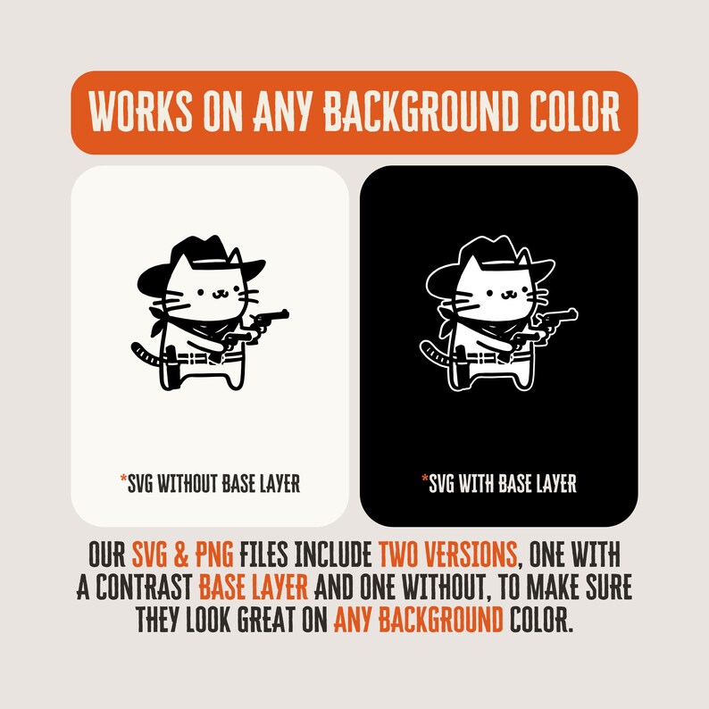 Op de afbeelding: Twee versies van een zwart-witte illustratie van een kat met een cowboyhoed en een pistool. De kat staat in de ene versie op een witte achtergrond en in de andere op een zwarte achtergrond. De tekst "*SVG ZONDER BASISLAAG" staat onder de kat op de witte achtergrond en "*SVG MET BASISLAAG" staat onder de kat op de zwarte achtergrond. De tekst "ONZE SVG & PNG BESTANDEN BEVATTEN TWEE VERSIES, EEN MET EEN CONTRAST-BASISLAAG EN EEN ZONDER, OM ERVOOR TE ZORGEN DAT ZE ER OP ELKE ACHTERGRONDKLEUR GEWELDIG UITZIEN." staat onder de twee afbeeldingen.
